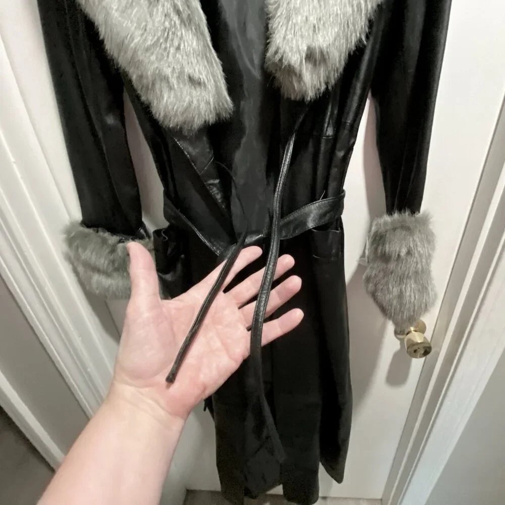 Vintage Newport News Leather Faux Fur Steampunk Goth Punk Belted Y2K Long Coat S - Picture 3 of 13